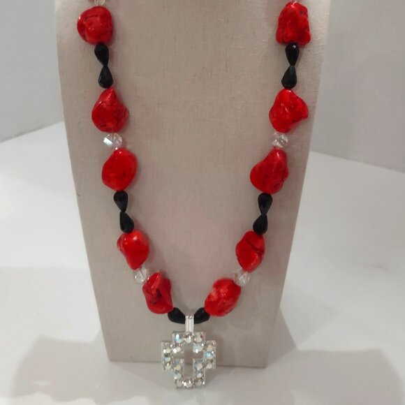 Vintage AB Cross Chunky Red Howlite Beaded Necklace with Crystal & Glass - Picture 2 of 7